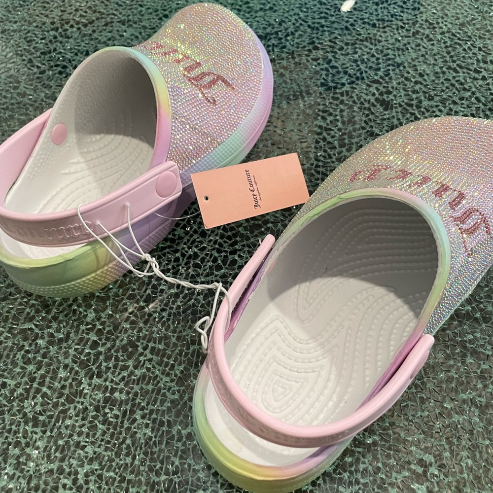 Juicy Couture Croc style shoes. Beautiful rainbow bling look.